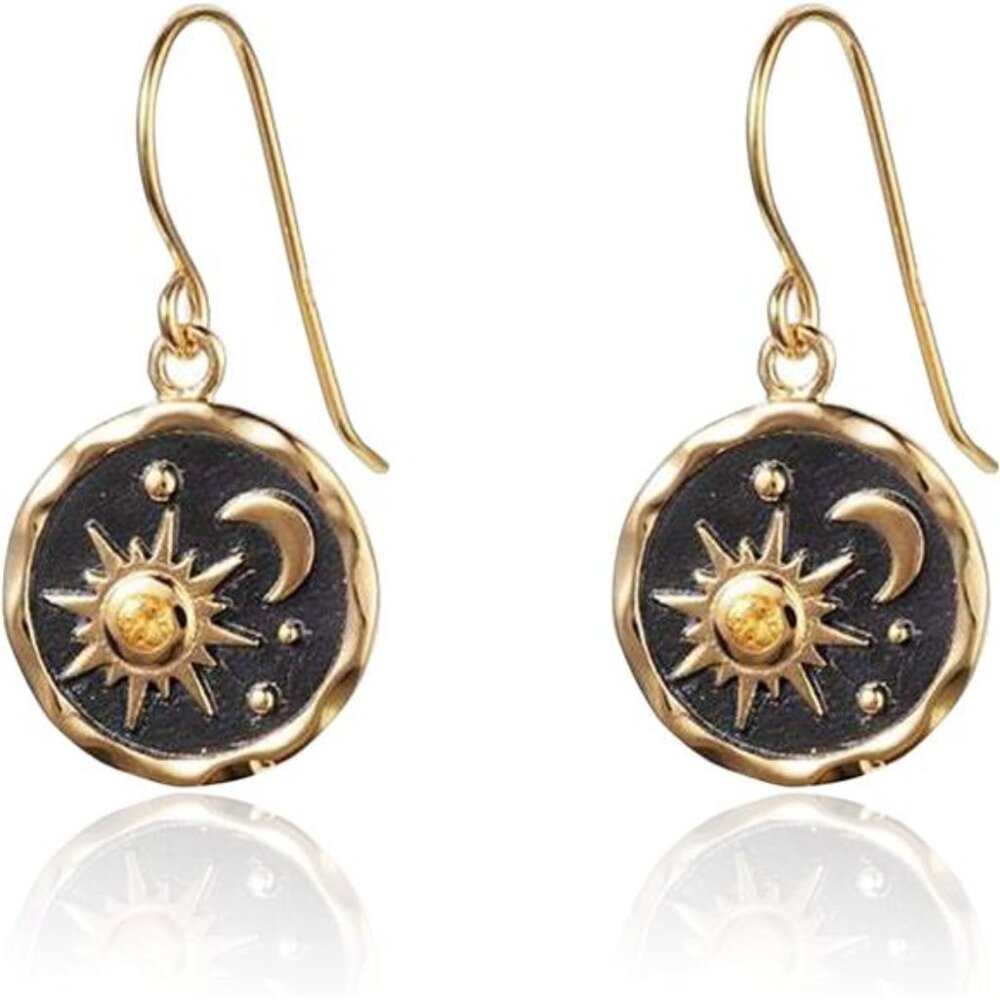 Boho celestial Sun & Moon Dangle Earrings – Retro Lightweight Handmade Coin